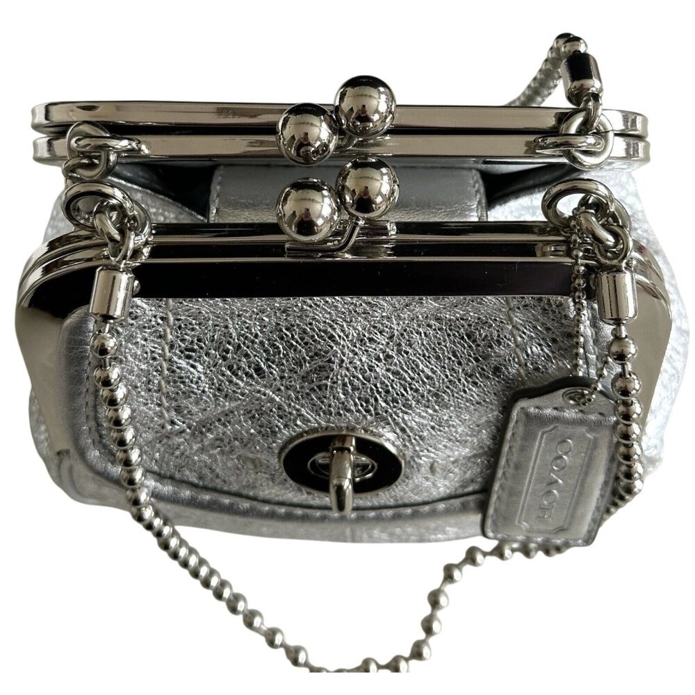 SOLD COACH 2008 Metallic Silver Leather Double Frame Kisslock Ball Chain - Picture 2 of 16